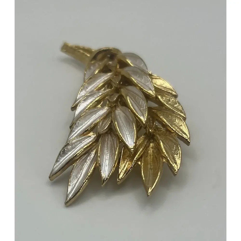 Vintage MCM 2 Tone & Enamel Large Wheat Sheaf Harvest Costume Statement Brooch